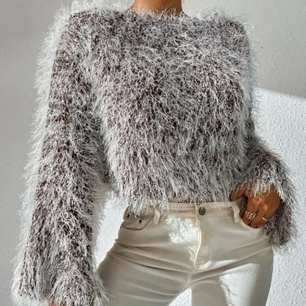 fluffy knit Off Shoulder Trumpet Sleeve Sweater Top Brown - Picture 3 of 9